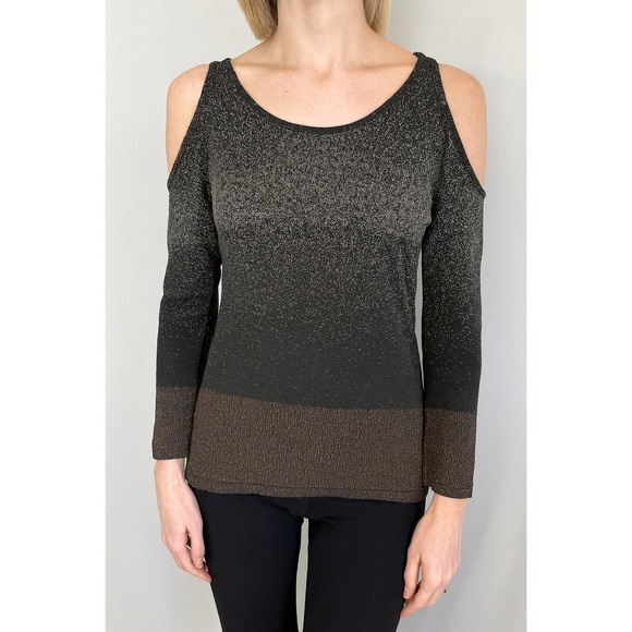 Bebe Black Silver Sparkle Long Sleeve‎ Knit Top Party Cocktail Glam - Picture 1 of 6